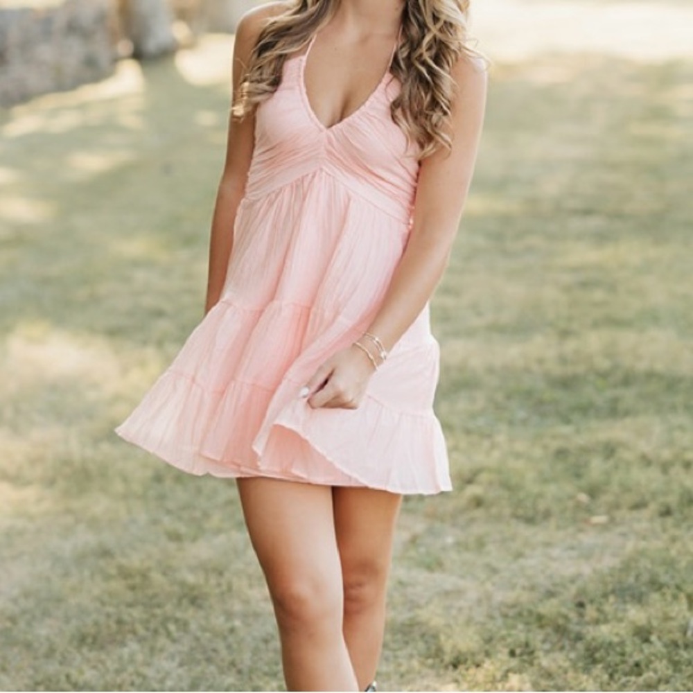 Elegant Pink Summer mini Dress vesper sleeveless ruffle tied keyhole Easter sm